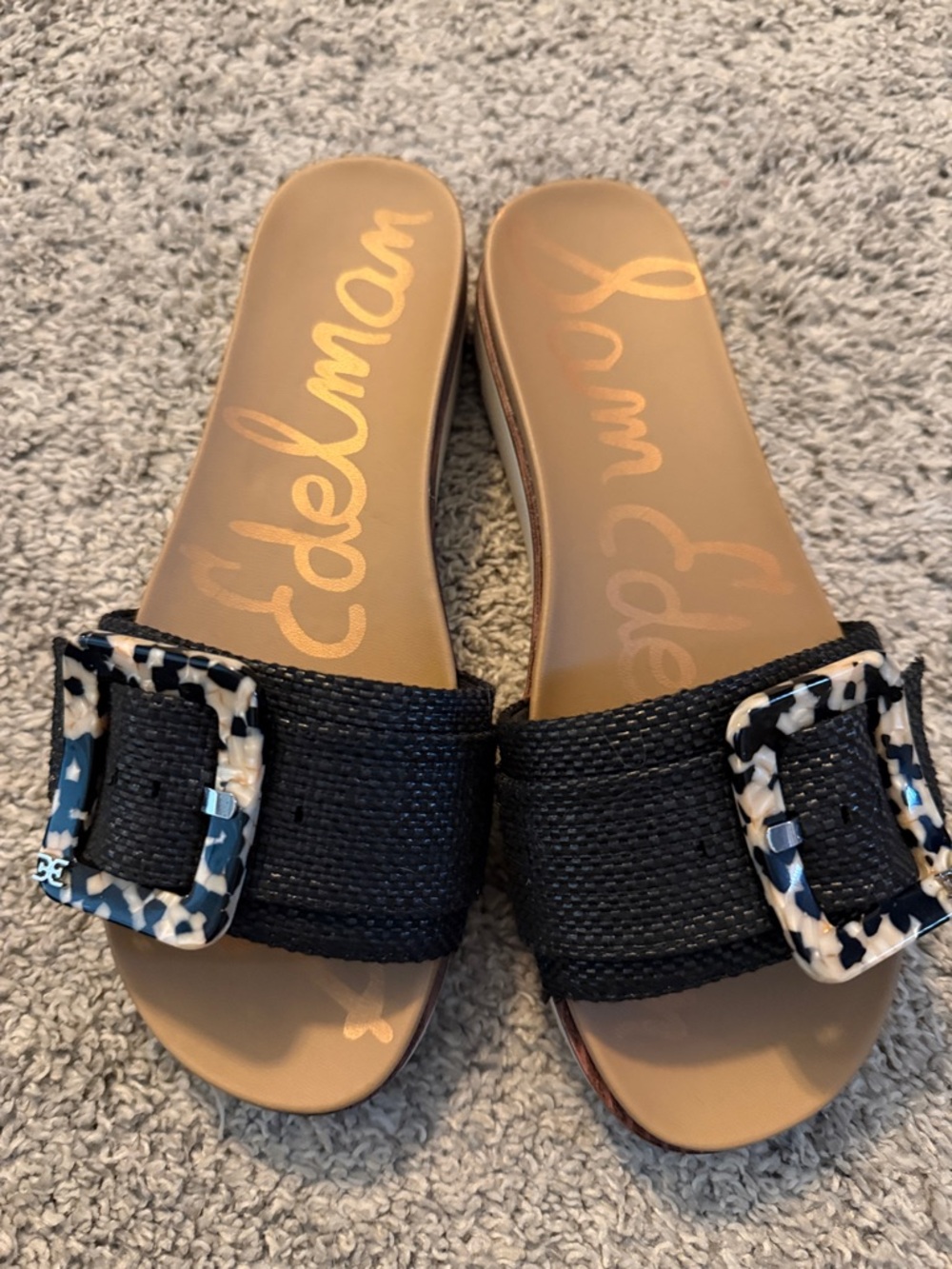 Sam Edelman Black Slide Sandals with Patterned Buckles
